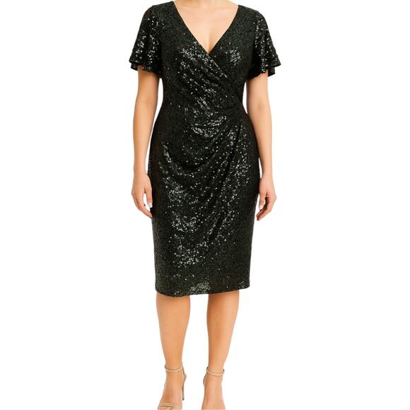 Marina Sequin Knee Length Dress Faux Wrap Flutter Sleeve Hunter Green 12 NWT - Picture 1 of 6